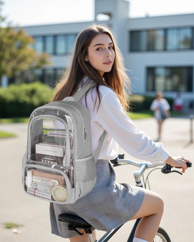 KIMNERPU Clear Backpack, Fabric & PVC Transparent Backpack with Reinforced Strap for Women Men, Heavy Duty Transparent Bookbag, Large Capacity Clear Bag, Travel, Security, Grey