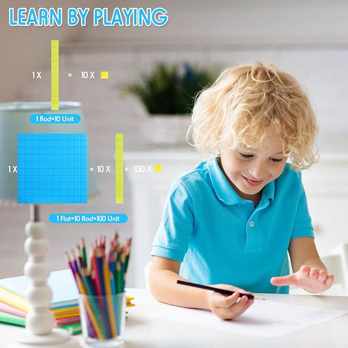 Sumind 121 Pieces Base Ten Blocks 3 Color Plastic Base Number Concepts and Counting Units Tens and Ones Blocks Kids Educational Cubes Math Learning Tools for Teachers Kindergarten 1st 2nd 3rd Grade