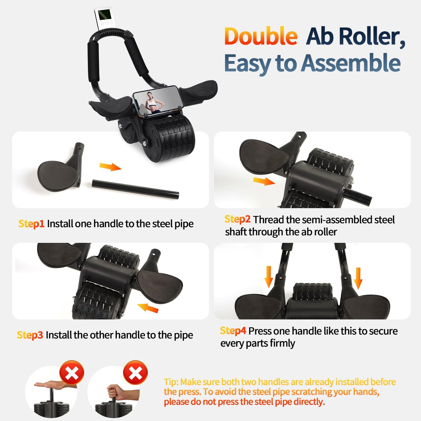 Tixahi Ab Roller Wheel，with Timer Automatic Rebound Abdominal Wheel，Elbow Support Abs Roller Wheel Core Exercise Equipment (Black)
