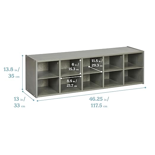 ECR4Kids Streamline 10 Cubby Tray Storage Cabinet, 2x5, Classroom Furniture, Grey Wash