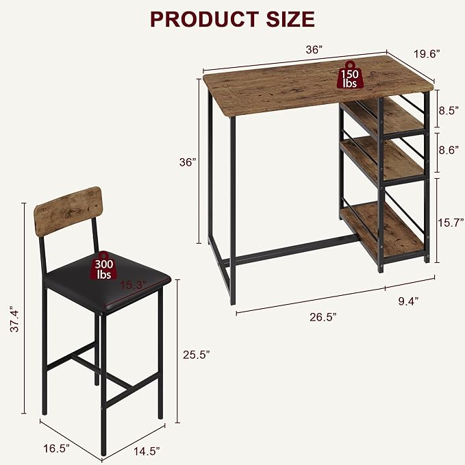 CABIHOME Dining Table Set for 2, Kitchen Table and Upholstered Chairs for 2, 3 Piece Counter Height Bar Table Set with 3 Large Storage Shelves for Small Space, Apartment, Studio, Rustic Brown