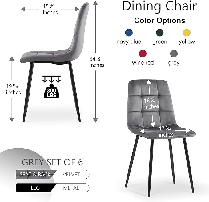 Grey Velvet Chair Set of 6,Mid-Century Modern Dining Chair Upholstered Living Chair Tufted Reception Chair with Solid Black Metal Legs for Bedroom,Dining Room,Kitchen