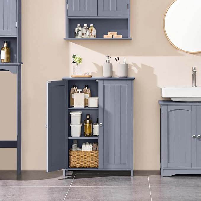 Yaheetech Bathroom Floor Cabinet, Modern Storage Freestanding Organizer Cabinet with Adjustable Shelves & Double Doors, 3-Tier Home Living Room Furniture, Gray