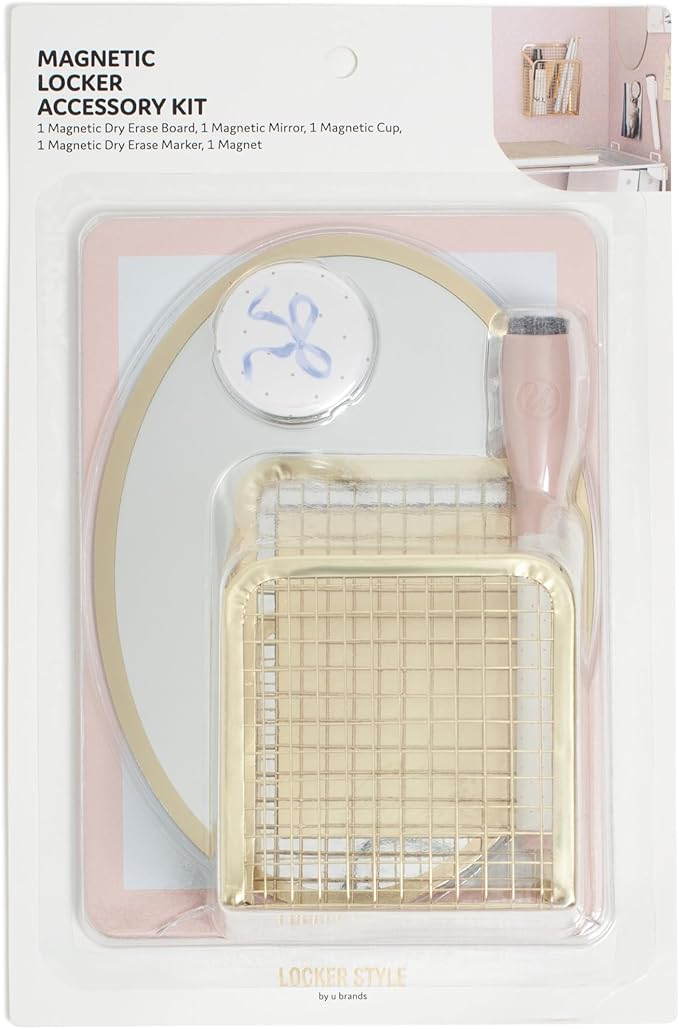 U Brands Magnetic Locker Accessories and Decorating Kit, 5 Piece Set, Locker Organizer, Back to School Essentials, Pink Charming Coquette, Whiteboard, Mirror, and more