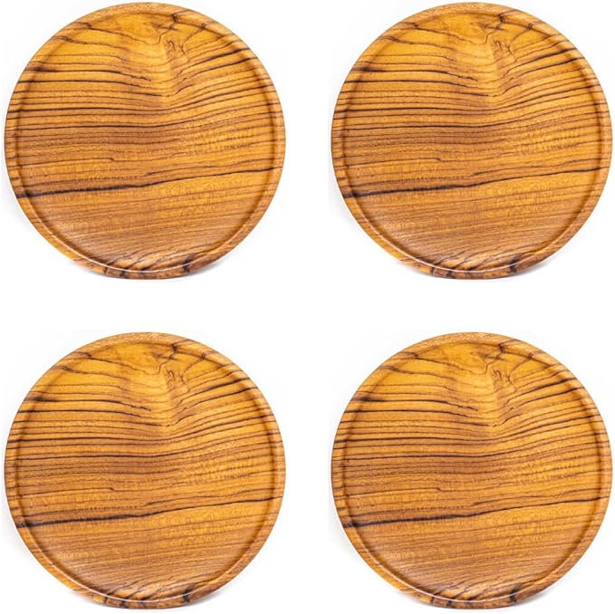 Rainforest Bowls Set of 4 8" Round Javanese Teak Wood Plates- Perfect for Everyday Use- Hot & Cold Friendly, Ultra-Durable, Premium Wooden Plates- Handcrafted by Indonesian Artisans