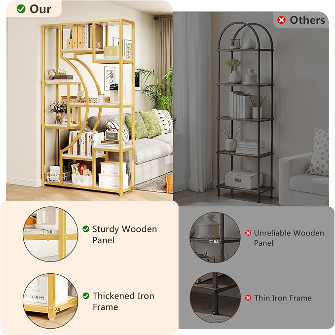 LGHM White and Gold Bookshelf Set of 2 with Metal Frame, 5 Tier Geometric Bookcase, Adjustable Modern Book Shelf with 18 Open Storage Shelves, Display Shelf for Living Room, Office, Bedroom