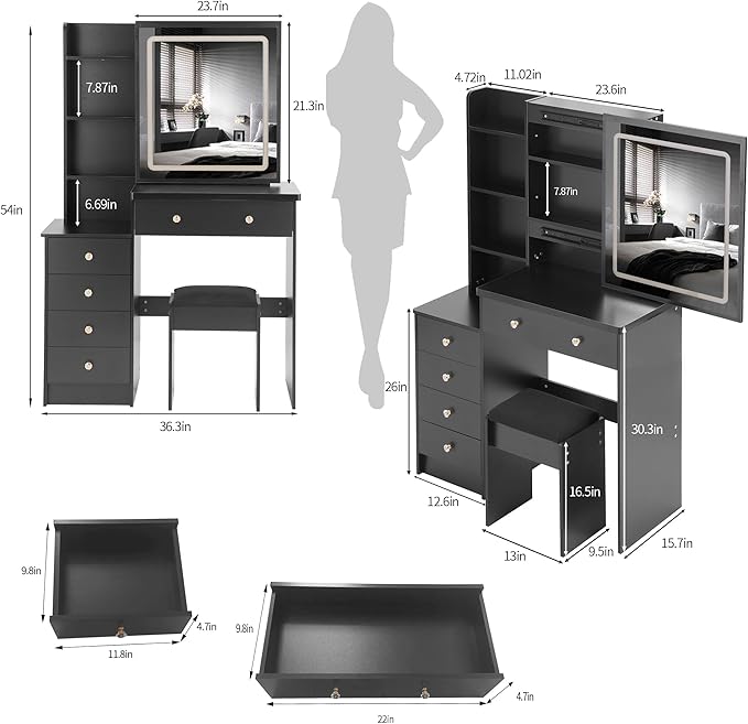37" Vanity Desk with Mirror and Lights, Makeup Table with Led Lights and Sliding Mirror, 3 Lighting Colors, Vanity Set with Drawers and Stool for Bedroom, Black