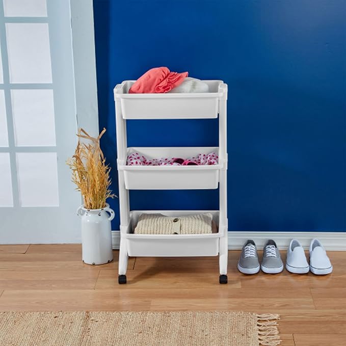 Sterilite 3 Tier Utility Cart Portable Storage Open Bin Organizer with 360 Degree Smooth Rolling Caster Wheels, Supports 10 lb Per Tier, White, 3-Pack