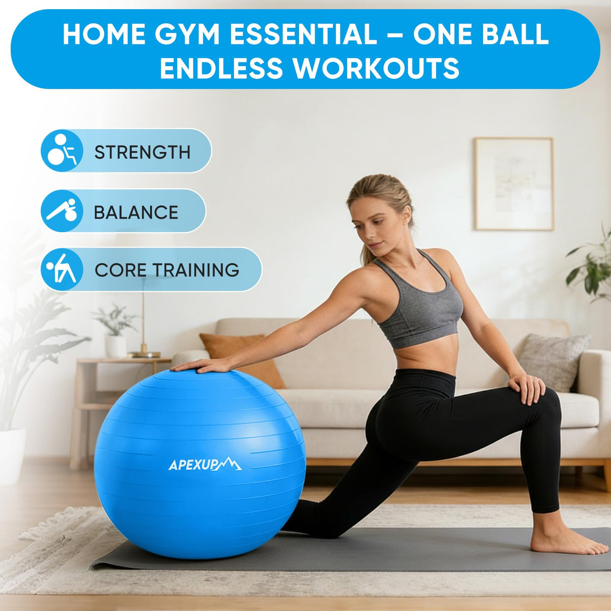 APEXUP Yoga Ball, 660 lbs Anti-Burst Exercise Ball with Pump, 5 Sizes (XXL(31"~34") 85cm, Blue)