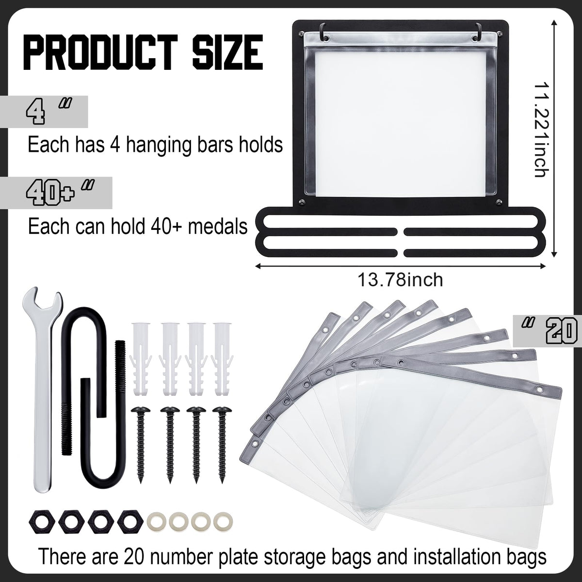 Moxweyeni 2 Pcs Medal and Bib Display Medal Hanger Running Race Bib Holder Wall Mounted Hanging Rack Stands Gifts for Runners(Black,13.78 x 11.22 Inch)