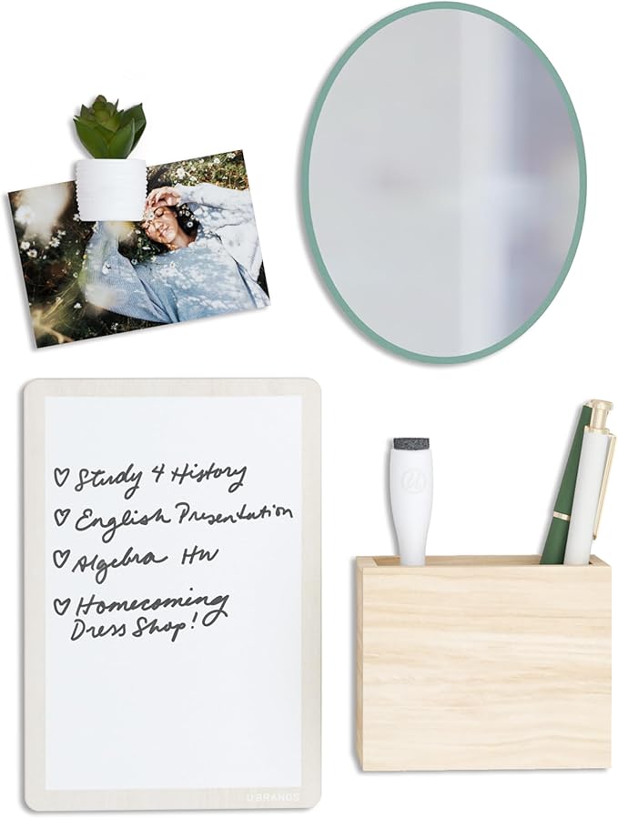 U Brands Magnetic Locker Garden Accessory and Decorating Kit, Back to School Essentials, Boho/Sage, 5 Piece, Mirror, Cup, and More