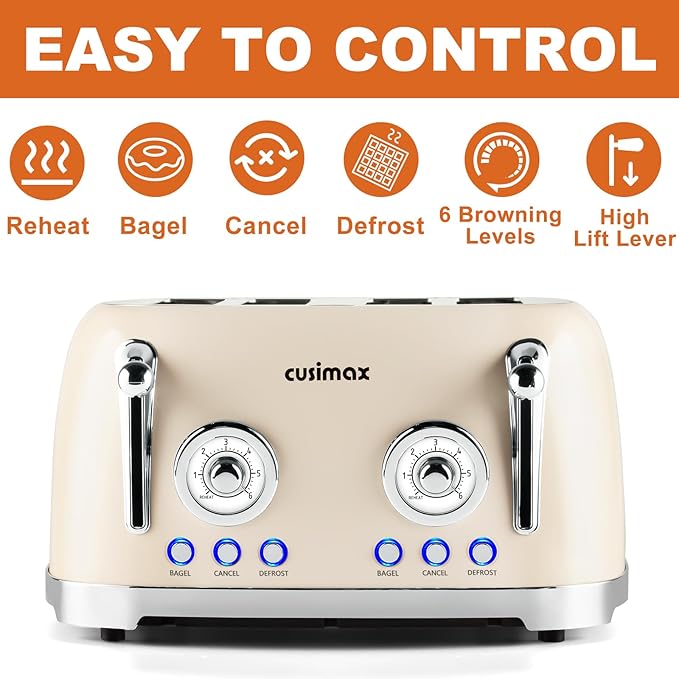 CUSIMAX Toaster 4 Slice, Retro Toaster with Wide Slots for Bagels, Cream