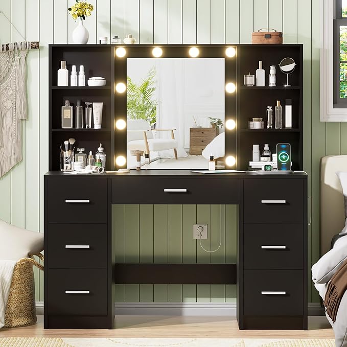 Large Vanity Desk with Mirror, 10 Lights and Power Outlet, Makeup Vanity with Shelves and 7 Drawers, Vanity Desk Dressing Table with 3 Color Light Adjustable, Vanity Table for Bedroom (Black)