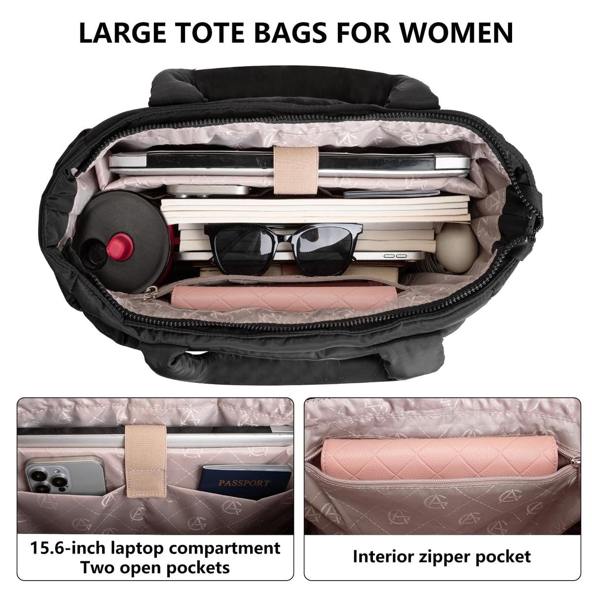 Puffer Tote Bag for Women Quilted Nurse Bag Lightweight Work Bag for Teacher Travel Handbag with Multiple Pockets