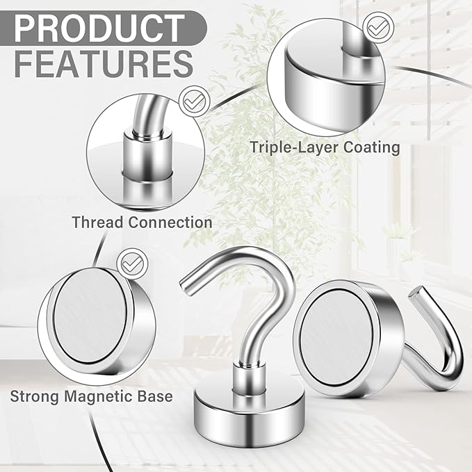 100Pack Heavy Duty Magnetic Hooks, 25 lbs Strong Neodymium Magnet Hooks for Hanging Mugs, Magnetic Key Holder for Fridge, Magnet with Hook for Cruise, Grill, Fridge - Silver