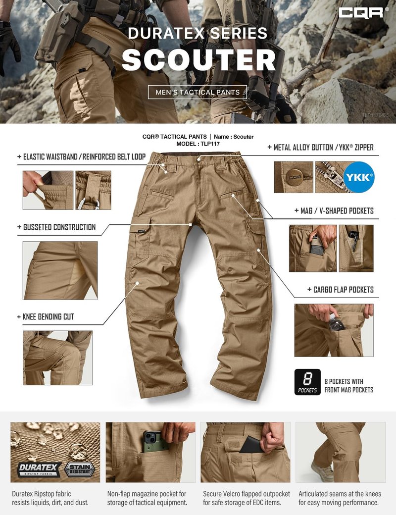 CQR Men's Tactical Pants, Water Resistant Ripstop Cargo Pants, Lightweight EDC Work Hiking Pants, Outdoor Apparel, Raider Cougar, 32W x 30L