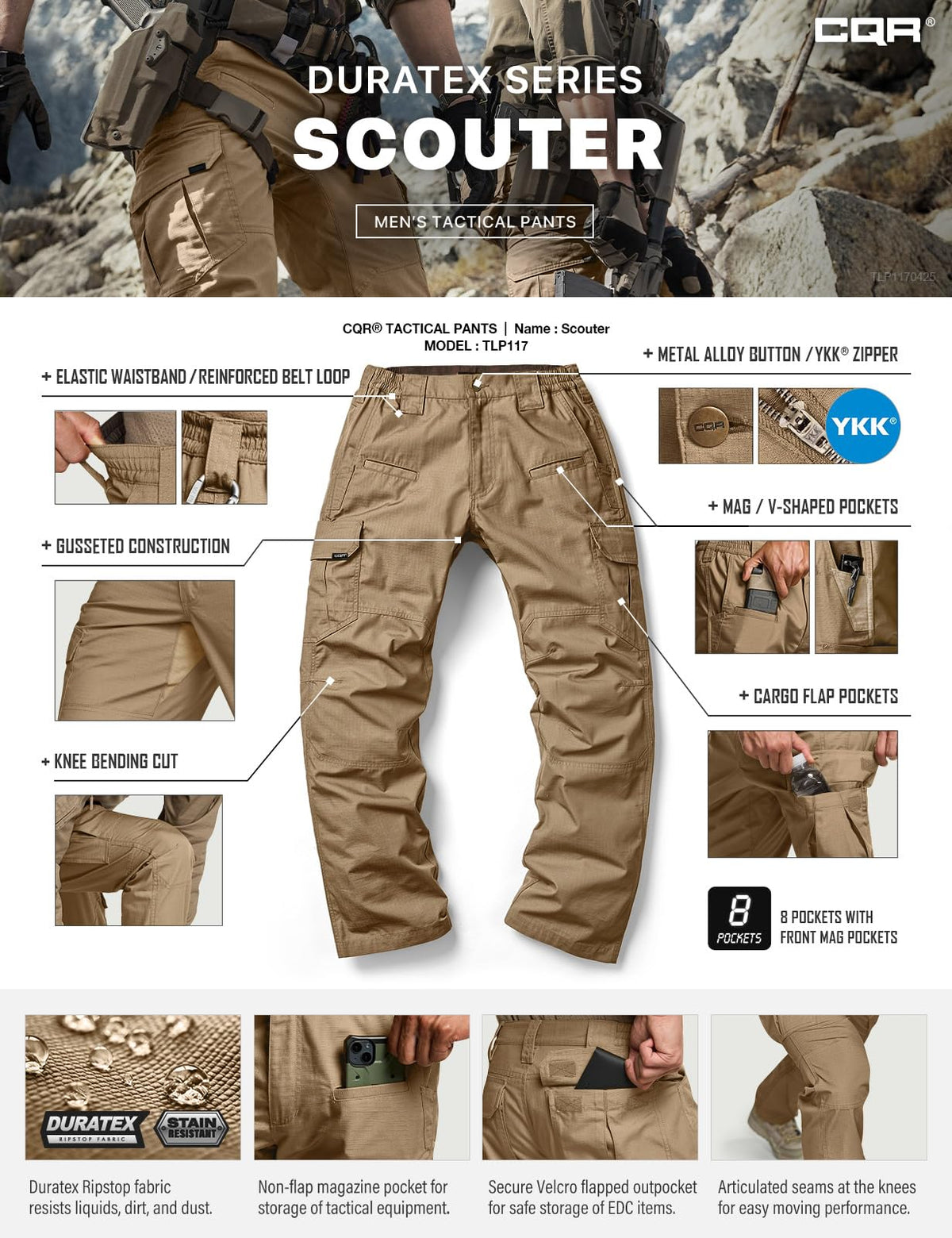 CQR Men's Tactical Pants, Water Resistant Ripstop Cargo Pants, Lightweight EDC Work Hiking Pants, Outdoor Apparel, Raider Cougar, 36W x 30L