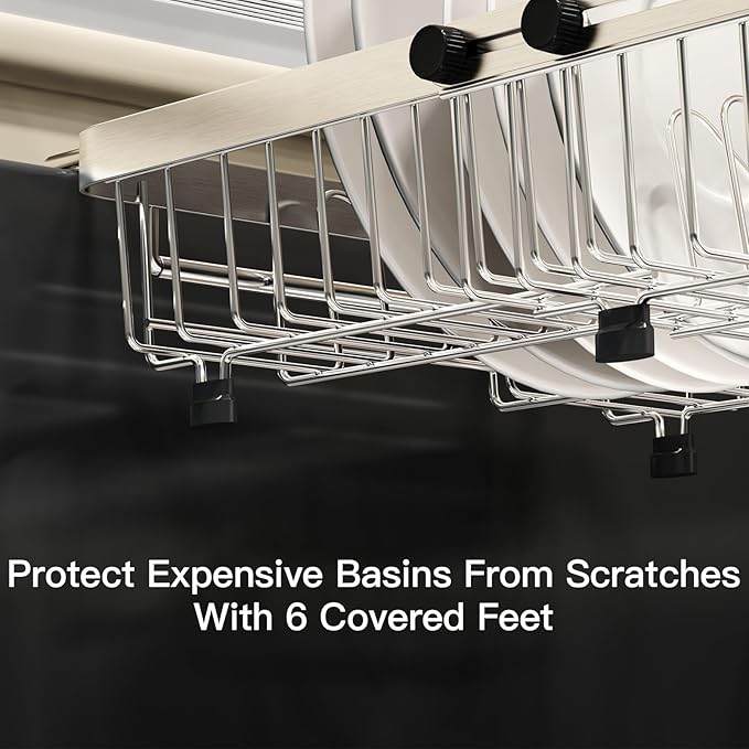 MAJALiS Expandable Stainless Steel Over The Sink Dish Drying Rack for Small Kitchen Counter Space Saving, Compact RV Plate Drainer Strainer in Silver Wire Metal with Hanging Adjustable Utensil Holder