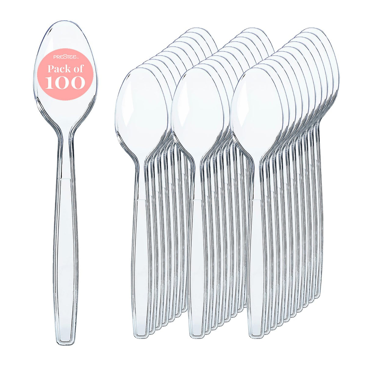 Prestee 300 Plastic Spoons Bulk - 6-Inch Heavy Duty Disposable Silverware and Plastic Utensils Set - Durable Clear Cutlery for Hot and Cold Food - Strong Spoon Flatware for Parties and Events
