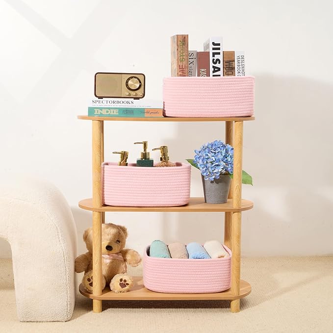 Small Storage Baskets for Organizing | Closet Organizer Bins | Shelf Toy Basket | Woven Rope Baskets | Cube Decorative Box | Shallow Basket | 13x8.5x5.1” | 3 Packs Light Pink