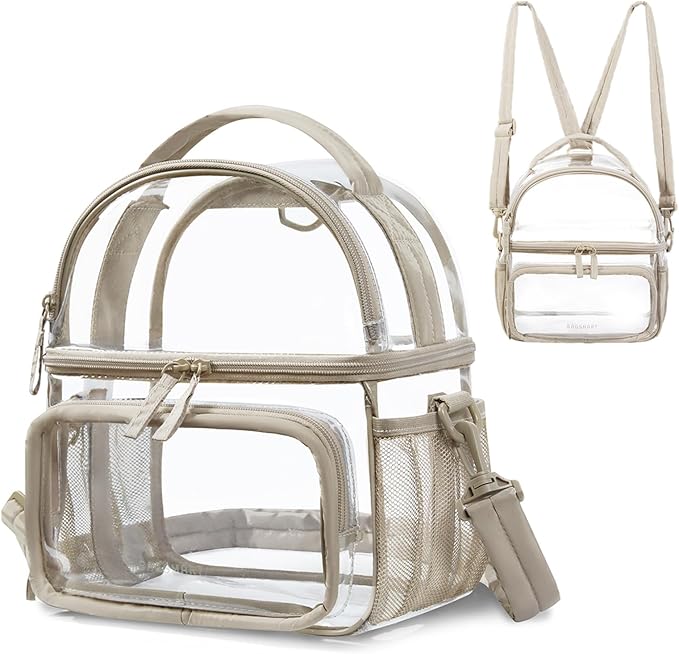 BAGSMART Stadium Approved Clear Bag 12"x6"x12", Double Deck Lunch Box, Convertible to Backpack, Waterproof PVC, Camel