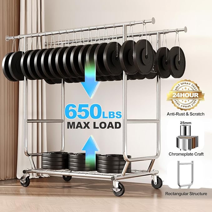 HOKEEPER Clothes Rack Heavy Duty Clothing Rack Load 650 LBS Collapsible Garment Rack with Wheels Double Rod Clothes Rack for Hanging Clothes Commercial Portable Closet Rack with Shelves 22"D*75"W*68"H