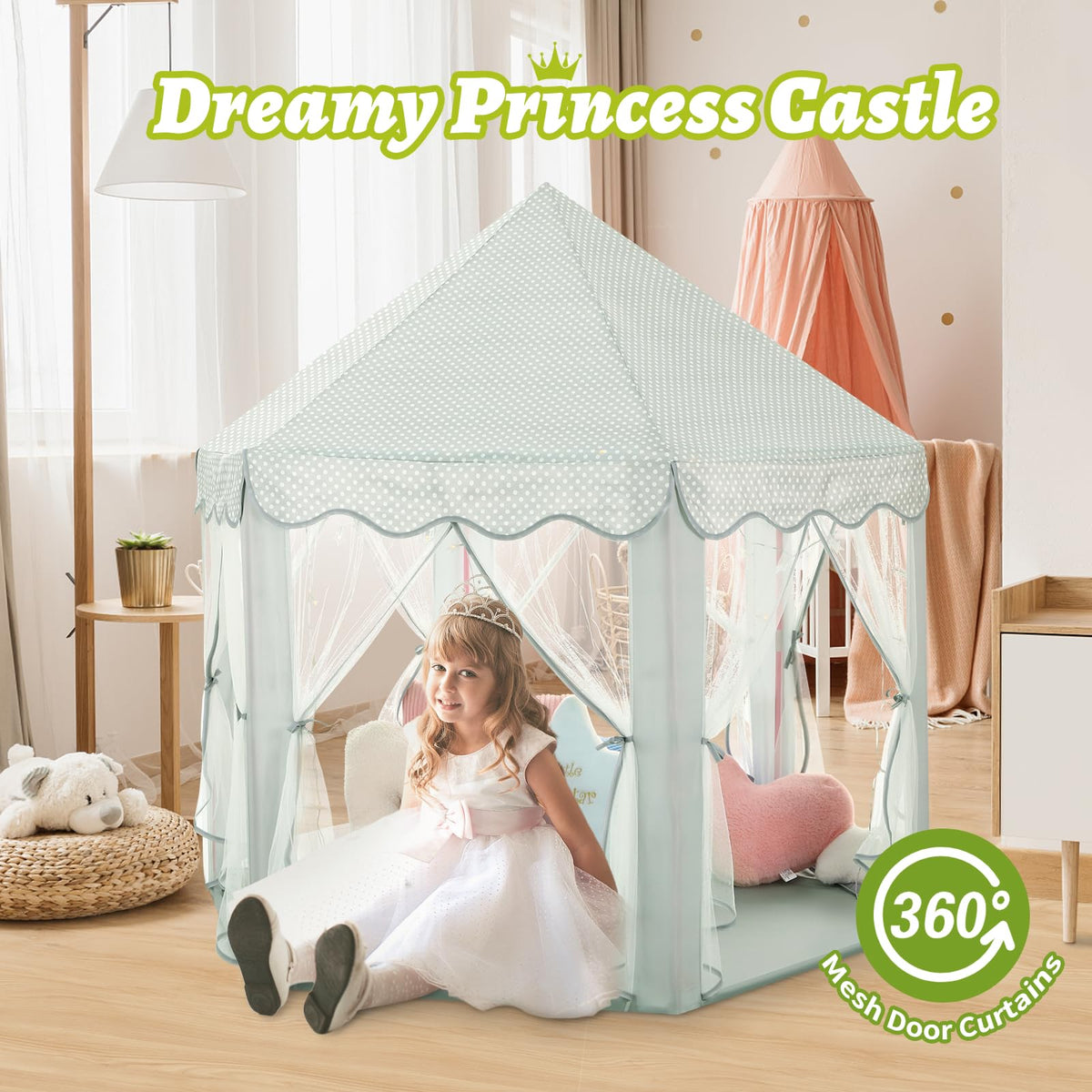 Monobeach Princess Tent Girls Celadon Large Playhouse Kids Castle Play Tent with Star Lights Gift Toy for Children Indoor and Outdoor Games, 55'' x 53'' (DxH)