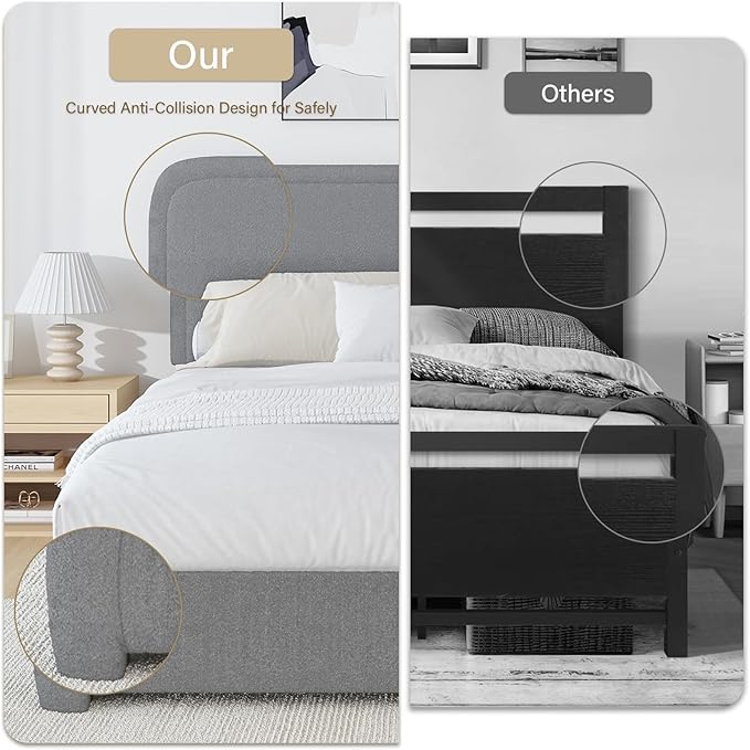 BarnFurin Twin Size Bed Frame, Boucle Upholstered Platform Bed with Headboard, Modern Style, Soft Rounded Corners, No Box Spring Required, Easy Assembly, Light Grey