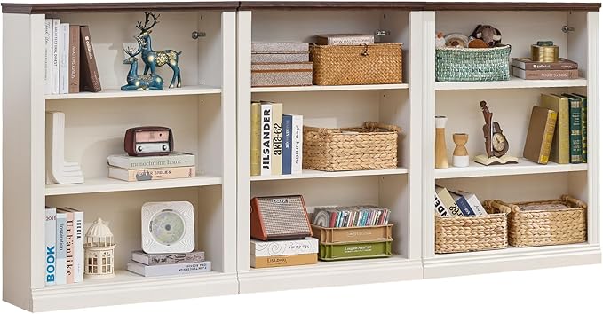 43" White Tall Bookshelf Set of 3,3-Tier Thick Wooden Book Shelf with Adjustable Shelves,Free Standing Farmhouse Bookcase with Open Display Storage,Floor Vintage Bookshelves for Living Room
