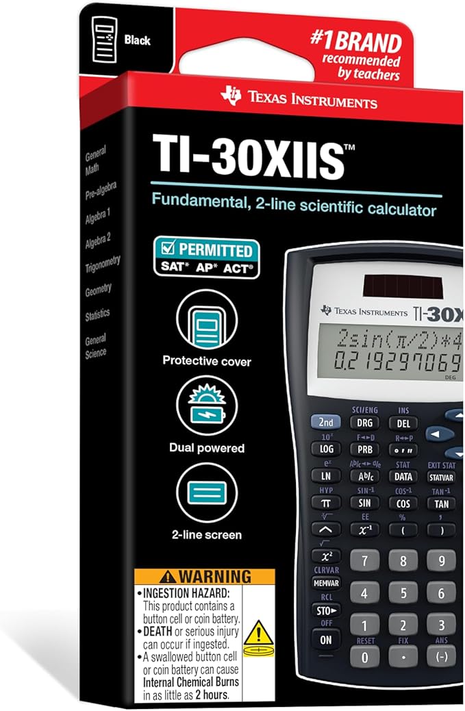 Texas Instruments TI-30XIIS Scientific Calculator, Black with Blue Accents (30XIIS/TBL/1L1/BK)