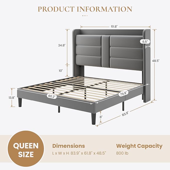 SHA CERLIN Queen Size Bed Frame with Charging Station & Storage Headboard, Velvet Platform Bed with Upholstered Modern Wingback Design, Wooden Slats Support, No Box Spring Needed, Easy Assembly, Grey
