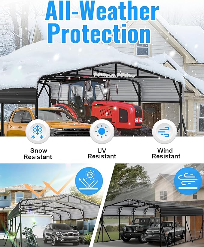 2 Car Carports 20X20 Heavy Duty, Metal Carport with Reinforced Frame & Side Support Poles for All-Weather, Large Outdoor Car Port Suitable for Parking Pickup, Boat, Car, and Tractor