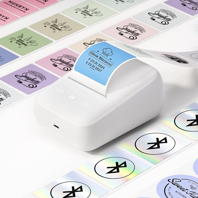 MUNBYN Portable Label Maker Machine with Tape，Bluetooth Thermal Printer with 1-Second Connect,Compatible with 0.78-2 Inch Labels, 11H Battery for Small Business, Home, Office Organization (White)