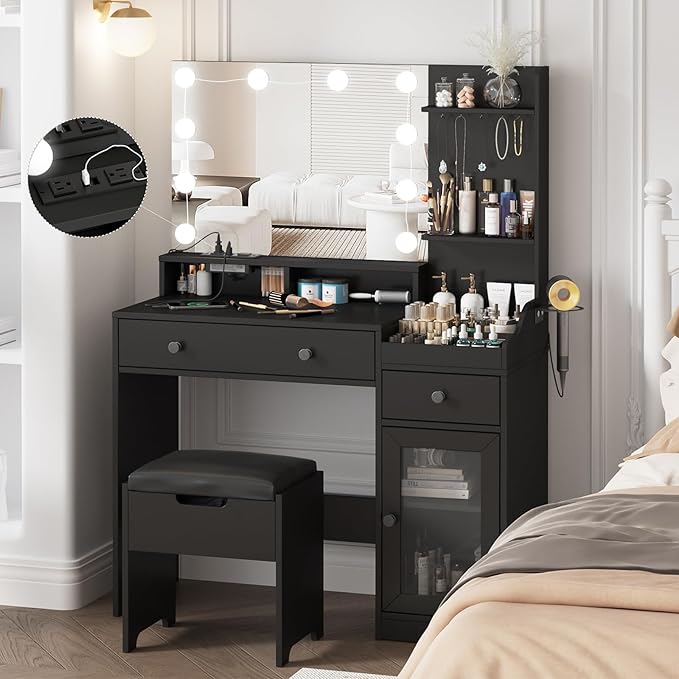 Vabches Vanity with Mirror and Lights,Makeup Vanity Table with Charging Station,Dressing Table with Stool & 3 Storage Compartments,3 Color Modes Available for Bedroom,Black