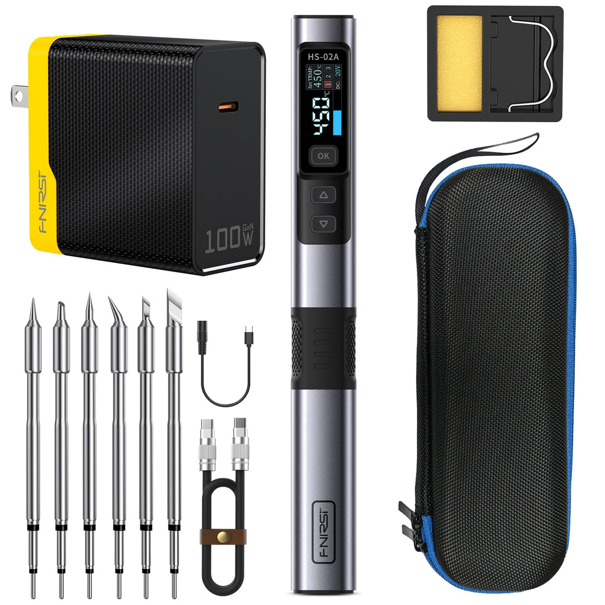 FNIRSI HS-02A 100W Portable Corded Soldering Iron Kit, 3S Fast Heating, 212-842℉, Pre-set 3 Groups Temperature, 6 F245 Soldering Tips, Smart Digital Soldering Iron Pen Tool for Electronics Repair