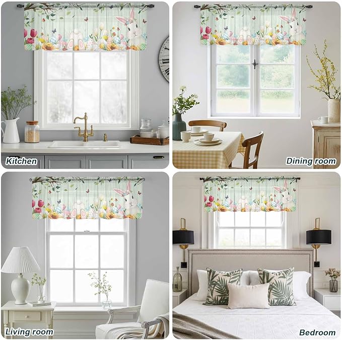 Easter Sheer Valances for Windows 42"x12", Light Filtering Kitchen Curtains
