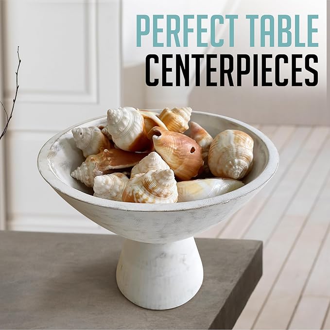 Whitewash Pedestal Bowl - 8 Inch, Wide Whitewash Footed Bowl as Fruit, Key, Decorative, Candy Holder or Centerpiece, Wooden Bowl Decorative for Kitchen, Dining Table & Home Accessories