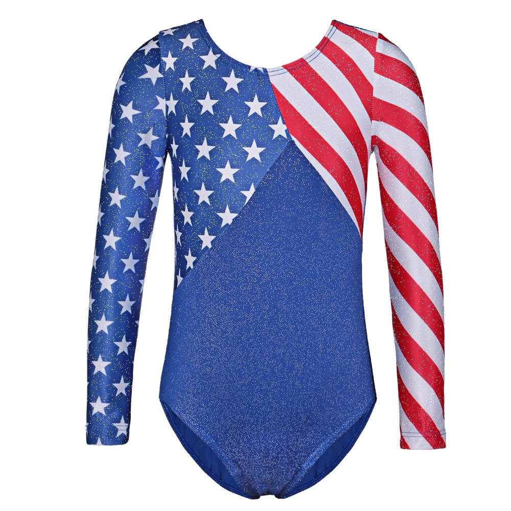 TFJH E Girls Gymnastics Leotards Long Sleeve Red Stripe Flag Star 10A
