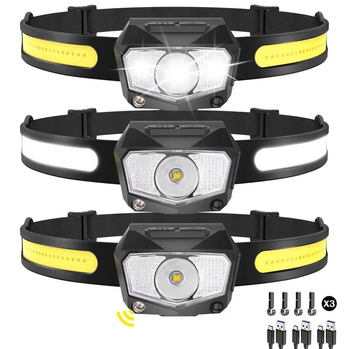 KYEKIO 3Pack Rechargeable LED Headlamp with Spot Light/Head lamp for Adults