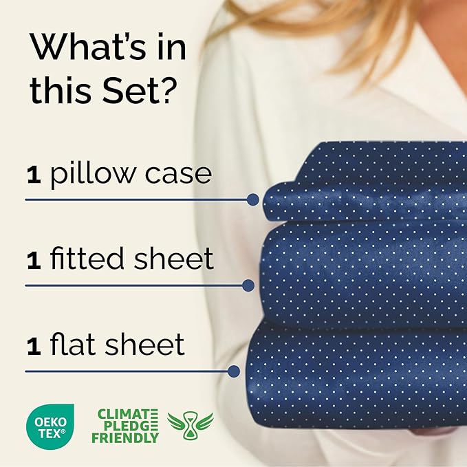 Navy Blue Polka Dots Bed Sheet Set – 1 Flat & 1 Fitted Sheet & 1 Pillowcase w/ Deep Pockets – Polka Dot Bedding - Ultra-Soft, Wrinkle & Fade Resistant - Comfy, Breathable and Cooling - Twin Size Set