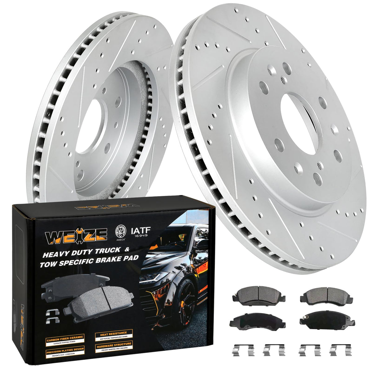 WEIZE Front Disc Brake Pads and Rotors Kit for Truck & Tow, with Carbon-Fiber Ceramic Brake Pads, Fit for Chevy Silverado Suburban 1500 GMC Yukon Sierra Cadillac Escalade ESV EXT XTS
