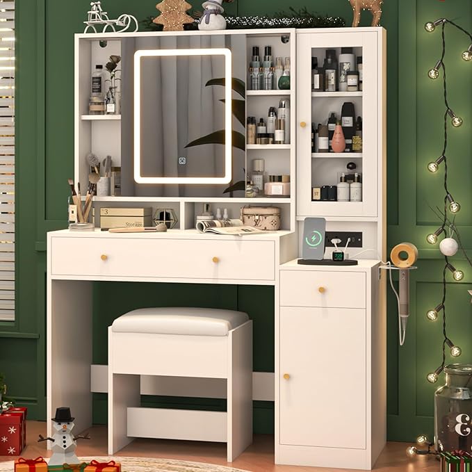 43 "White Makeup Vanity Desk w/Lights & Sliding Mirror,Adjustable LED Lighting, Vanity Table Set w/Stool,Power Outlet,Storage Drawers Shelves Cabinet,Vanity Set with Cushioned Stool for Girls Women