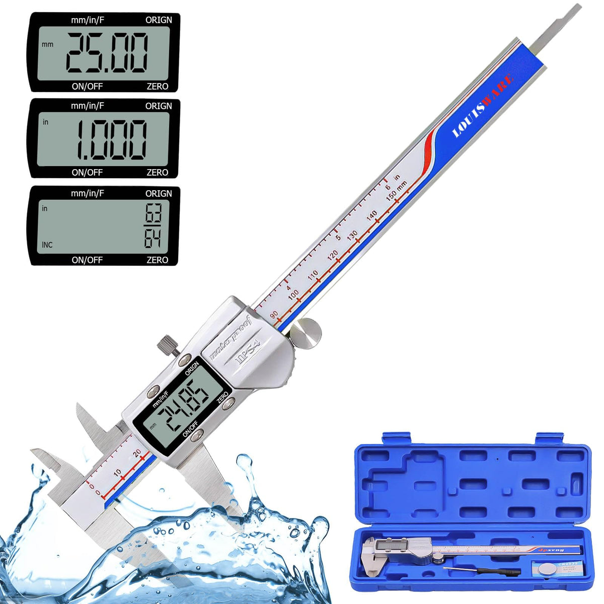 Digital Caliper Measuring Tool, IP54 Waterproof Stainless Steel Vernier Caliper Digital Micrometer with Large LCD Screen, Easy Switch from Inch Metric, 6 Inch Caliper Tool for DIY/Household