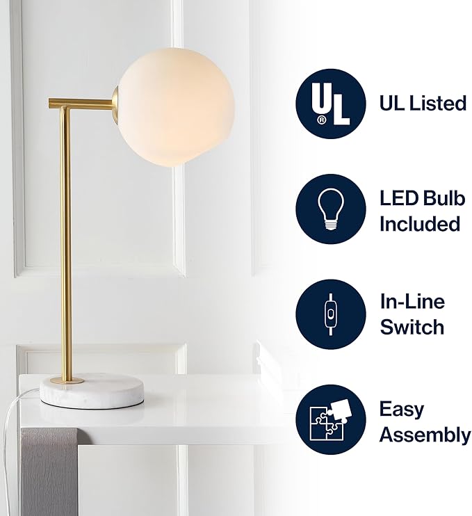 JONATHAN Y 20.5" Gold/White Modern Metal Marble LED Bedside Table Lamp for Bedroom, Frosted Glass Globe Shade, Minimalist Scandinavian Lamp for Living Room JYL1000A