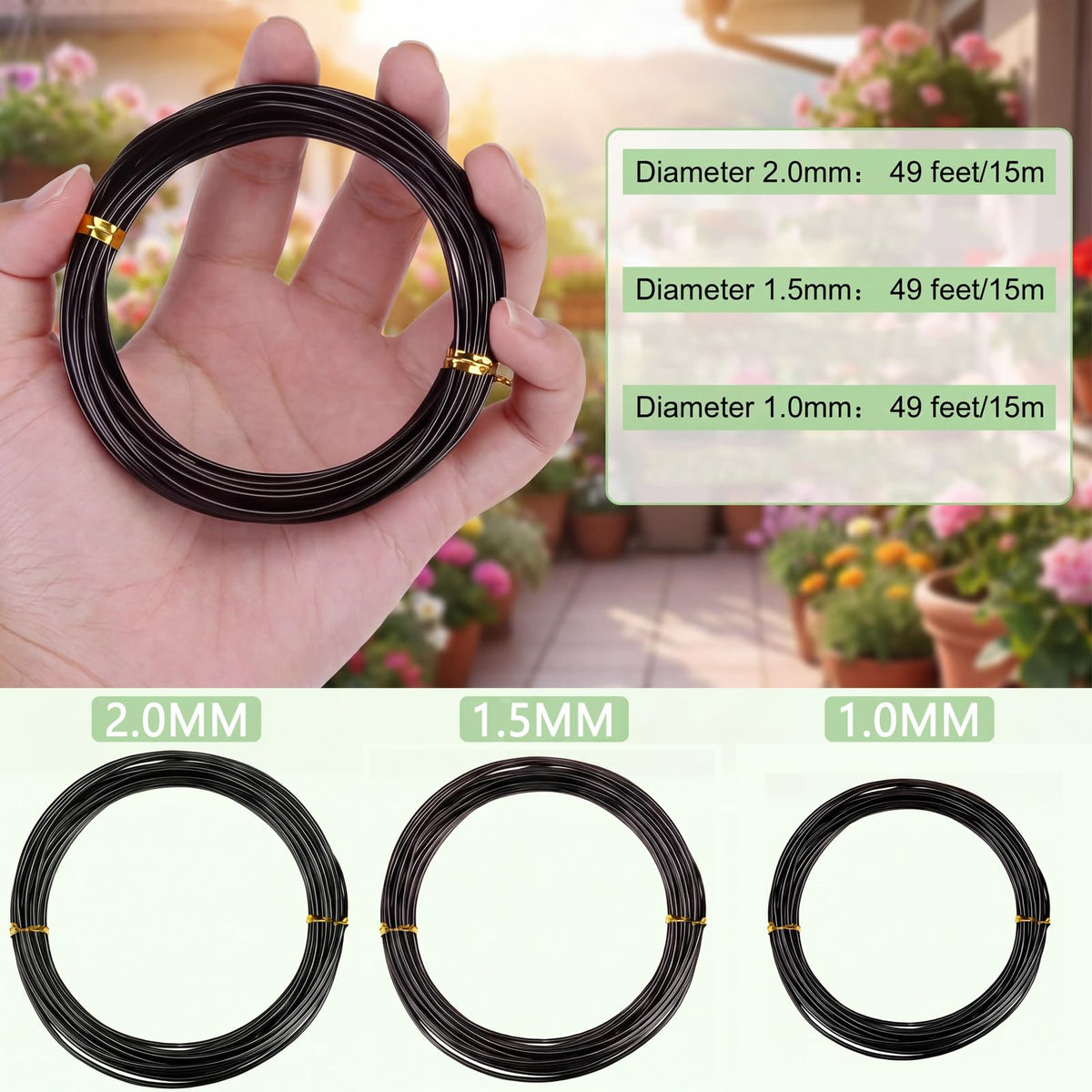 Zhanmai 9 Rolls Bonsai Wires Anodized Aluminum Bonsai Training Wire with 3 Sizes (1.0 mm, 1.5 mm, 2.0 mm), Total 147 Feet (Black)