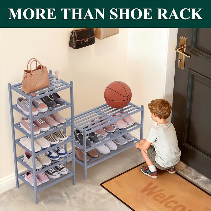 Smiry Small Bamboo Shoe Rack 5-Tier, Stackable Wooden Shoe Organizer for Entryway & Closet, Free Standing Wood Shoe Storage Shelf for Front Door & Small Spaces, Grey