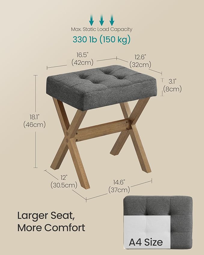 SONGMICS Makeup Stool, Padded Vanity Stool, Foot Rest, Solid Wood X Legs, for Bedroom, Closet, Entryway, 12.6 x 16.5 x 18.1 Inches, Slate Gray and Brown ULSF006GN01