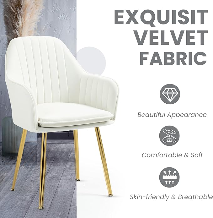 ECOTOUGE Modern Dining Chairs Set of 6, Upholstered Armchairs with Golden Metal Legs, Matte Velvet Kitchen Chairs for Dining Table, Accent Chairs for Living Room, Beige