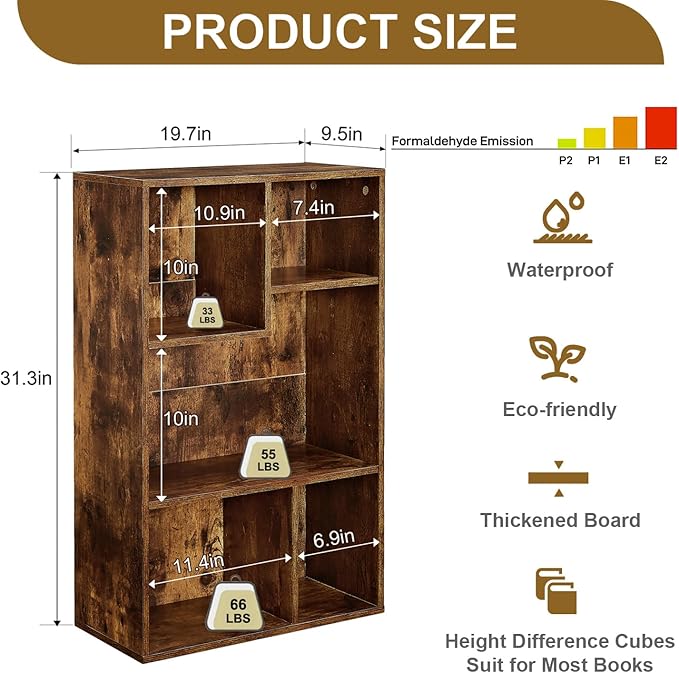 VECELO Modern Bookshelf, 5 Cube Shelf, Fits Tallest Hardcovers, Horizontal Available, Storage Organzier for Home Office,Brown