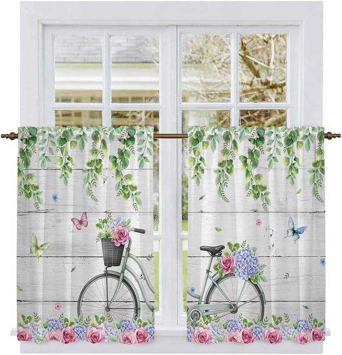 Spring Tier Curtains, Bicycles Botanical Rose Leaves Butterfly Wood Grain Light